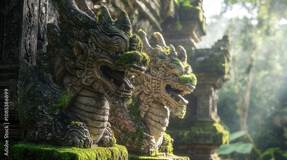 Obraz premium Ancient Stone Dragons Covered in Moss in a Temple Setting