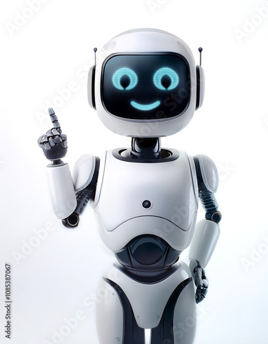 Cute AI robot pointing copy space beside her with smile and happy feeling on white