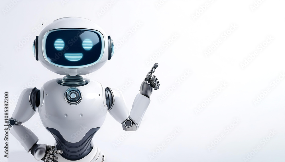Cute AI robot pointing copy space beside her with smile and happy feeling on white Cute AI robot pointing copy space beside her with smile and happy feeling on white