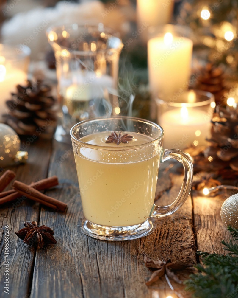 A Warm Cup of Spiced Cider Surrounded by Candles and Festive Decor for Cozy Winter Evenings A Warm Cup of Spiced Cider Surrounded by Candles and Festive Decor for Cozy Winter Evenings