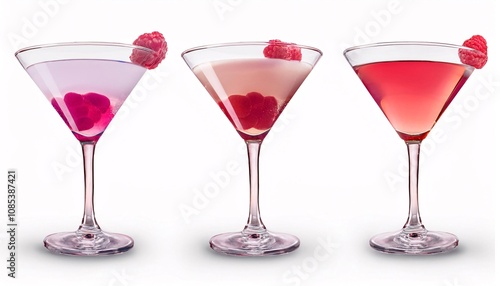 A visually striking martini made with a combination of gin vermouth and third layer using a fruit raspberry on isolated white background