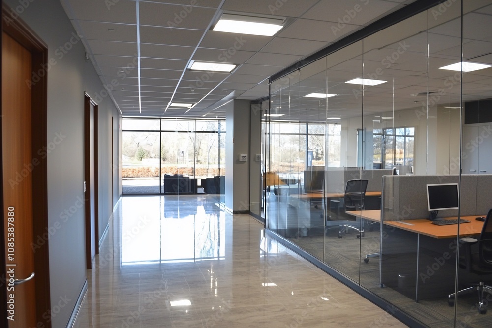Modern Office Space Featuring Open Design and Glass Walls Modern Office Space Featuring Open Design and Glass Walls