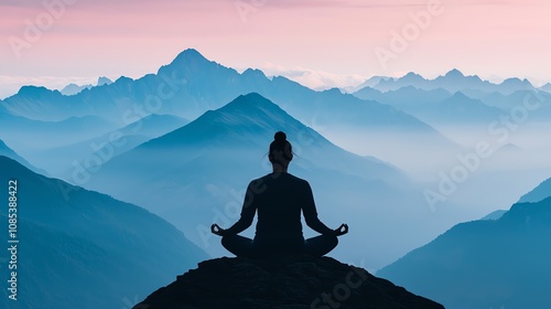 A woman meditating on a mountain peak close up, focus on, copy space, soft blues and purples, Double exposure silhouette with clouds photo