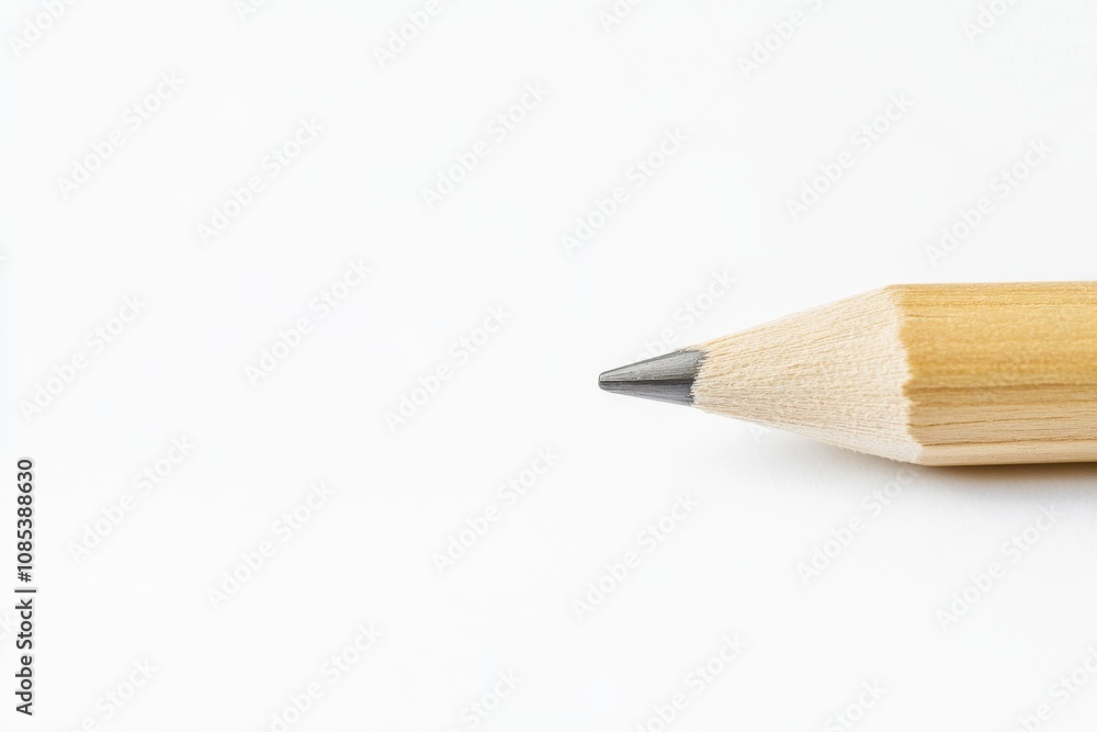 CloseUp of a Wooden Pencil Tip Set Against a Clean White Background Surface. Detailed close up view of a finely sharpened pencil. Pristine white backdrop. Pencil point. Business and education concept CloseUp of a Wooden Pencil Tip Set Against a Clean White Background Surface. Detailed close up view of a finely sharpened pencil. Pristine white backdrop. Pencil point. Business and education concept