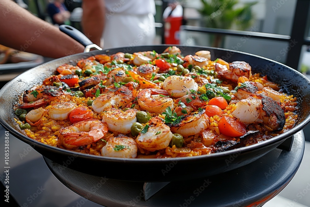 Traditional Spanish paella in a large pan. Generative AI Traditional Spanish paella in a large pan. Generative AI