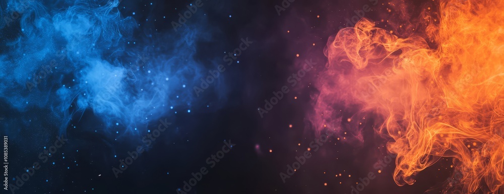 Fiery Collision: Abstract art of swirling blue and orange smoke against a dark background. A captivating image perfect for expressing contrasting energies or intense emotions. Fiery Collision: Abstract art of swirling blue and orange smoke against a dark background. A captivating image perfect for expressing contrasting energies or intense emotions.