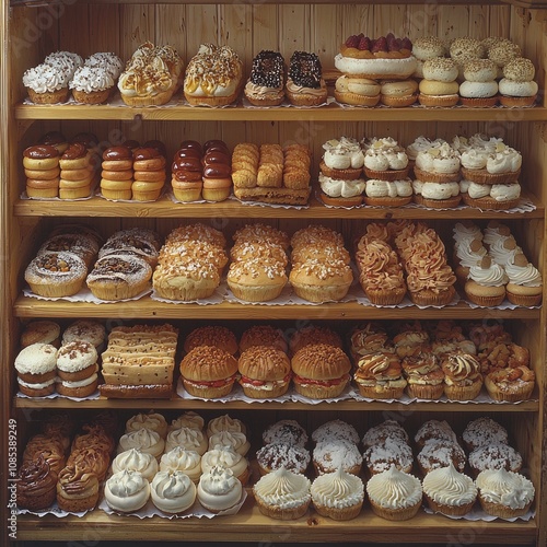 Assortment of Delectable Pastries on Wooden Shelves