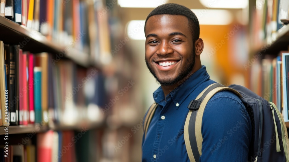 A joyful male student with a backpack leans against a library shelf, surrounded by books and a sense of academic curiosity A joyful male student with a backpack leans against a library shelf, surrounded by books and a sense of academic curiosity