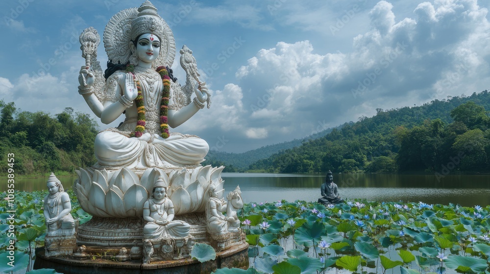 Lakshmi Statue Amidst a Serene Lake Lakshmi Statue Amidst a Serene Lake