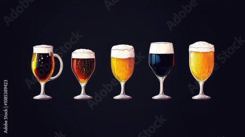 Beer Tasting: A visual feast for beer enthusiasts, showcasing a diverse selection of craft brews in elegant glasses against a dark background. photo