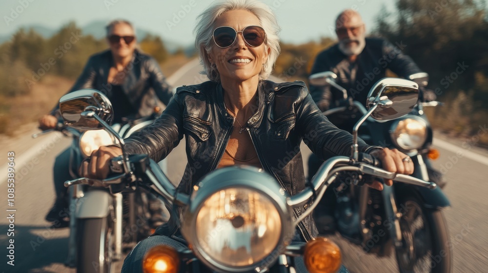 A mature woman rides confidently on a sleek motorcycle, joined by friends on a scenic open road, radiating freedom and adventure A mature woman rides confidently on a sleek motorcycle, joined by friends on a scenic open road, radiating freedom and adventure