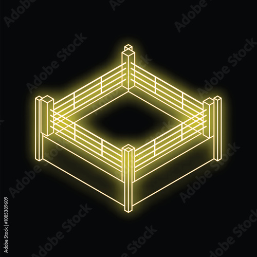 Neon boxing ring glowing yellow on dark background, isometric view