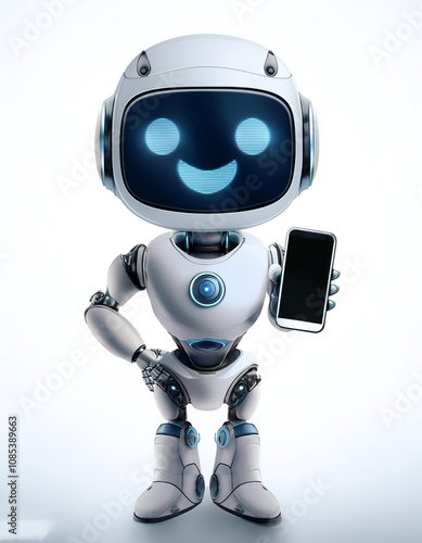 AI robot holding phone and showing on white screen of phone with smile and happy feeling on white