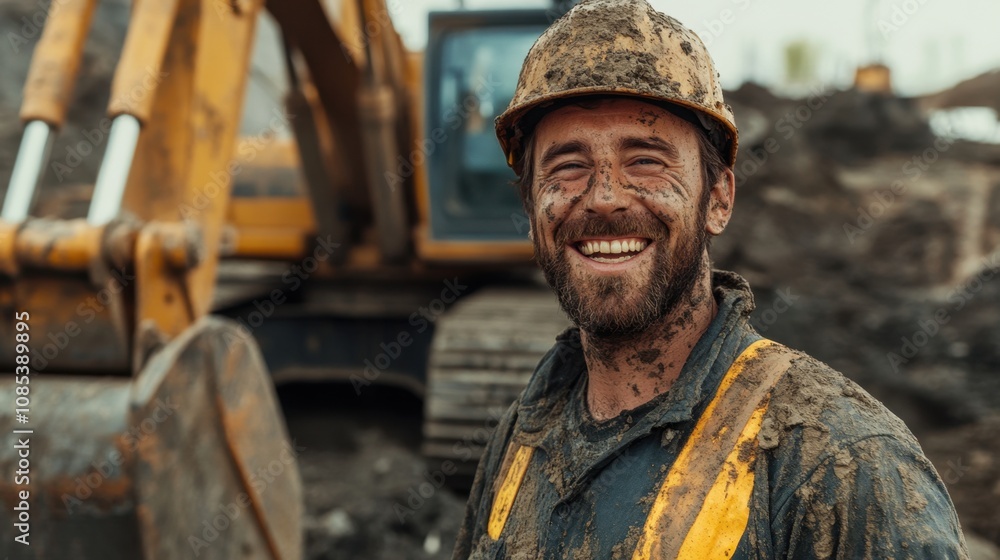 A muddy construction worker with a wide grin stands confidently in front of an excavator at a dynamic worksite A muddy construction worker with a wide grin stands confidently in front of an excavator at a dynamic worksite