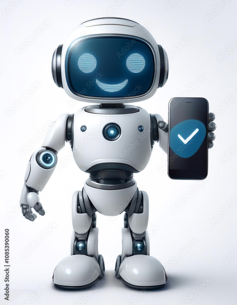 AI robot holding phone and showing on white screen of phone with smile and happy feeling on white AI robot holding phone and showing on white screen of phone with smile and happy feeling on white