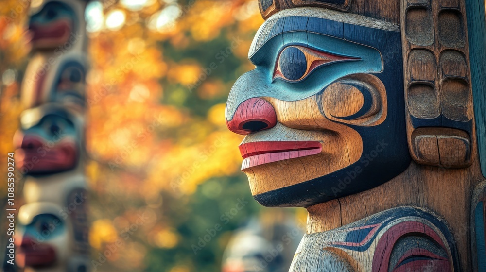 Close-Up View of a Carved Totem Pole Close-Up View of a Carved Totem Pole