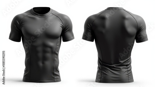 Detailed rashguard mockup template with high-quality texture and stitching details, front and back views isolated on white.