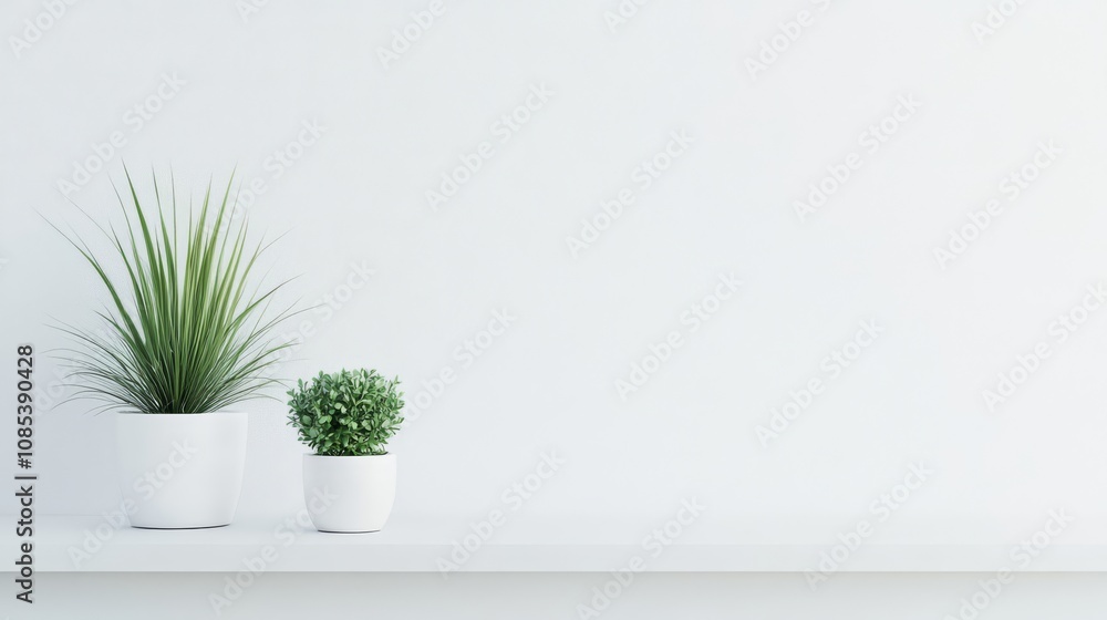 Fototapeta premium Minimalist Plant Life: A serene composition of two potted plants, their verdant foliage contrasting against the clean lines of a white shelf, evokes tranquility and brings a touch of nature indoors. 