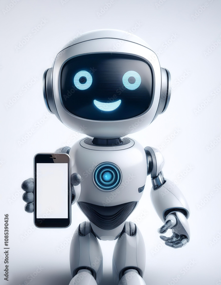 AI robot holding phone and showing on white screen of phone with smile and happy feeling on white AI robot holding phone and showing on white screen of phone with smile and happy feeling on white