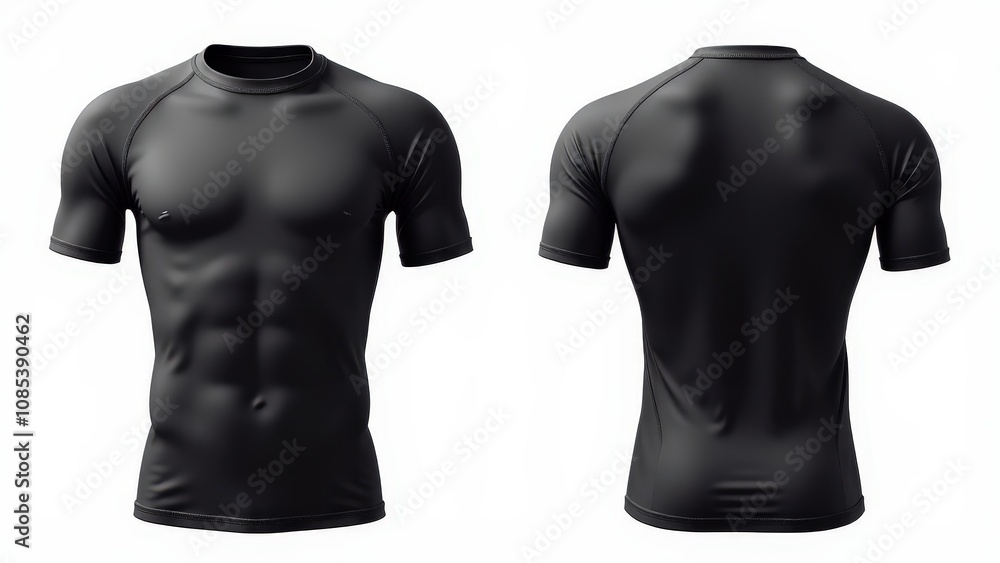 High-quality rashguard mockup with realistic texture and stitching details. Displayed in front and back views for sportswear design.