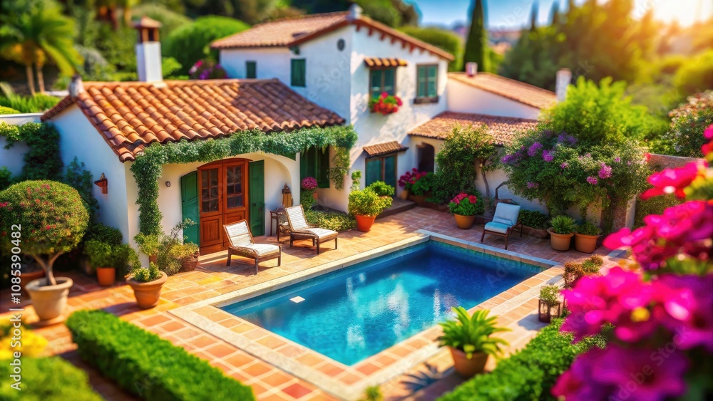 Fototapeta premium Mediterranean Villa with Pool and Lush Garden - Stunning Tilt-Shift Photography for Luxury Home Decor and Vacation Inspiration