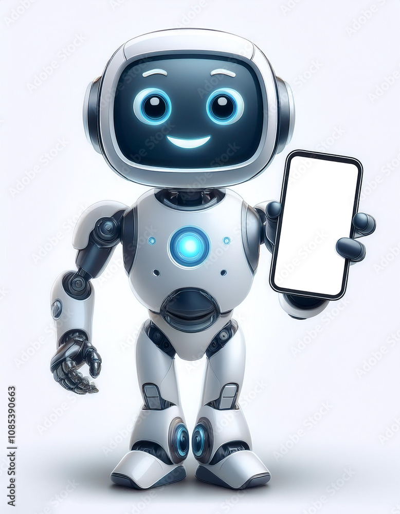AI robot holding phone and showing on white screen of phone with smile and happy feeling on white AI robot holding phone and showing on white screen of phone with smile and happy feeling on white