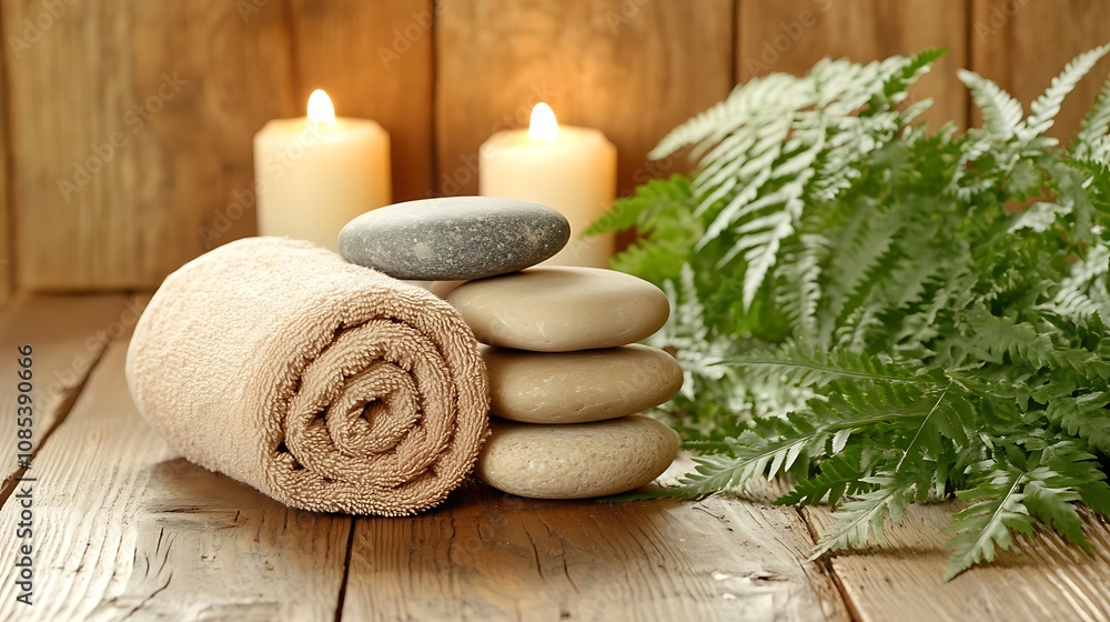 Spa treatment concept with rolled towel, stones, candles, and fern on rustic wooden background. Spa treatment concept with rolled towel, stones, candles, and fern on rustic wooden background.