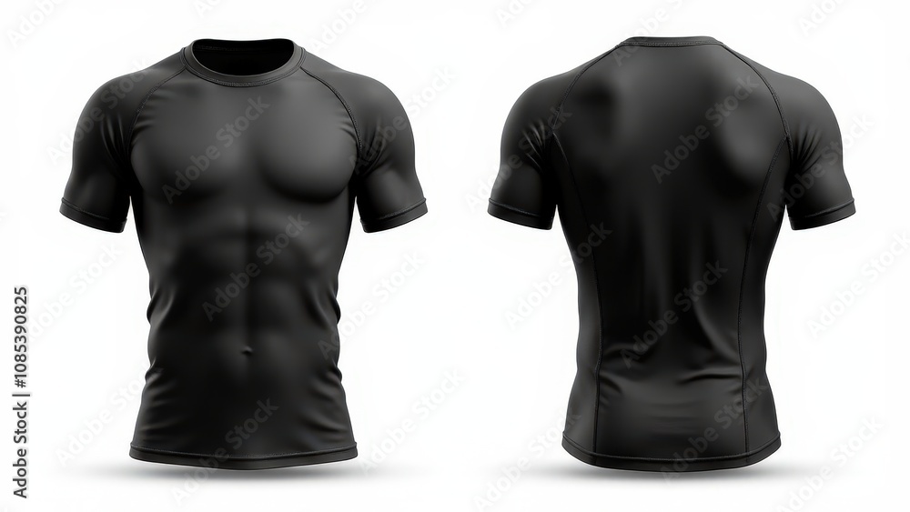 Sportswear rashguard mockup with smooth material and detailed stitching. Highlighting realistic texture in front and back views.