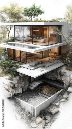 Modern Cliffside Villa: A stunning architectural rendering of a contemporary home seamlessly integrated into a cliffside landscape. photo