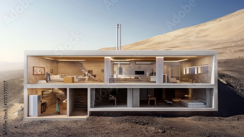 Desert Oasis Modern Home: Sectional view of a minimalist, sustainable house nestled into a desert hillside, showcasing its innovative design and eco-friendly features. The interior is visible.