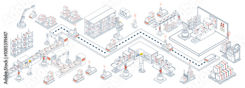 Smart warehouse automation systems featuring autonomous robots and AGVs optimize material handling through sensor-equipped navigation and intelligent item processing. Vector illustration EPS 10