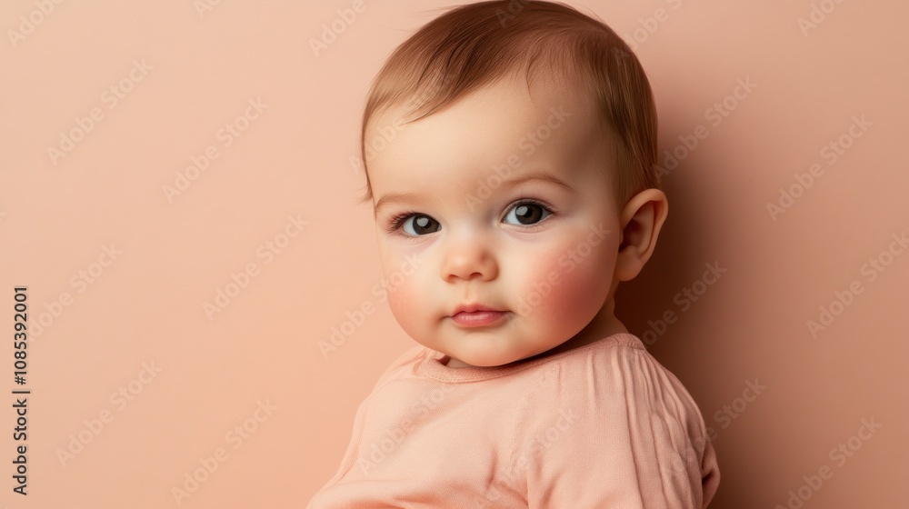 A close-up portrait of a baby against a soft pink background. A close-up portrait of a baby against a soft pink background.
