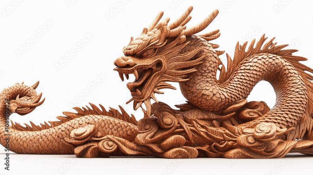 Fototapeta premium Intricately Carved Wooden Dragon Sculpture