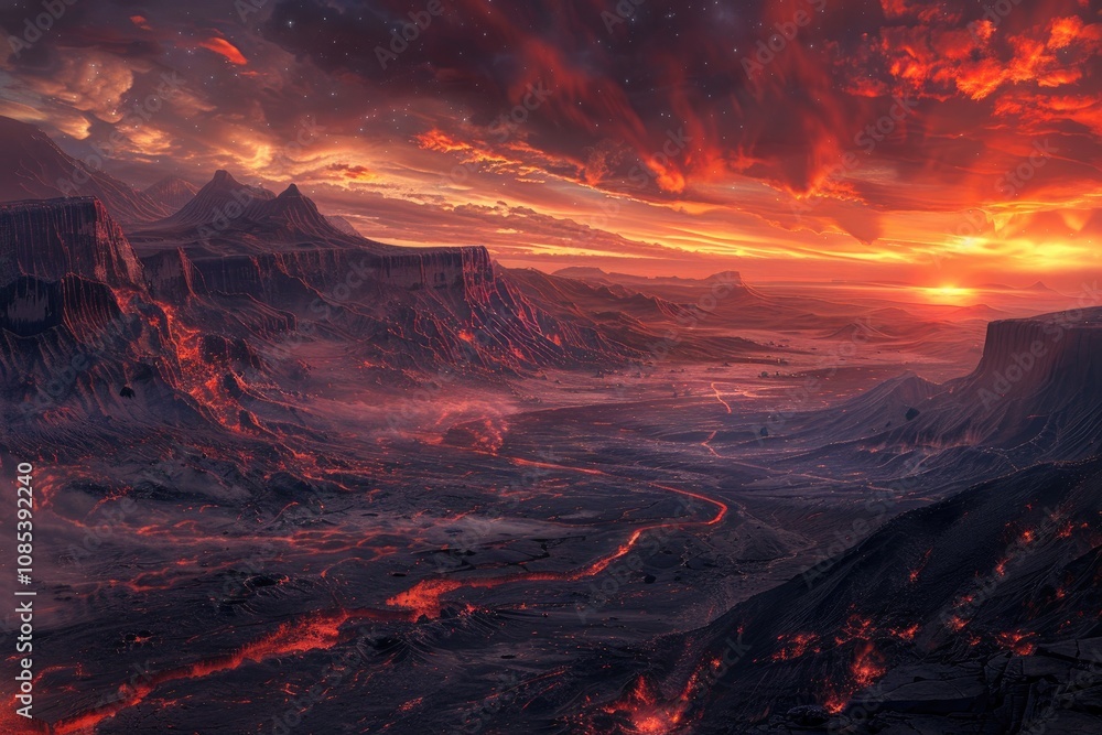 Fototapeta premium A Volcanic Landscape at Sunset with Glowing Lava Streams