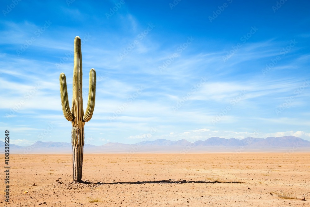 Lone Cactus Standing Tall in a Vast Desert Landscape Lone Cactus Standing Tall in a Vast Desert Landscape