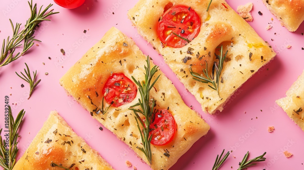 Rosemary and Tomato Focaccia: A delectable flatbread, sliced and adorned with juicy cherry tomatoes and fragrant rosemary sprigs, rests on a vibrant pink backdrop. Rosemary and Tomato Focaccia: A delectable flatbread, sliced and adorned with juicy cherry tomatoes and fragrant rosemary sprigs, rests on a vibrant pink backdrop.