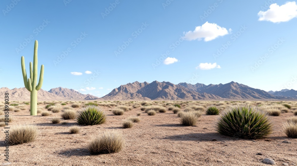 Desert landscape with cacti and mountains under a clear sky. Desert landscape with cacti and mountains under a clear sky.