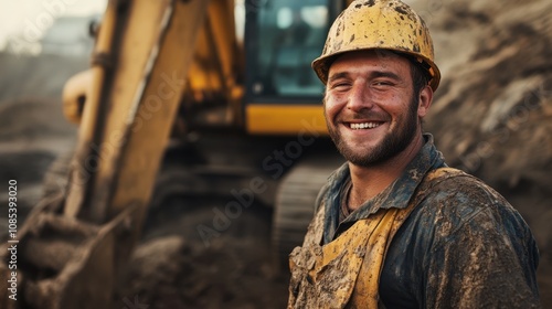 A smiling construction worker with a mud-splattered uniform stands in front of an excavator, showcasing grit and determination