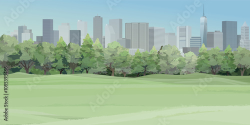 Public park with grass field in the city have skyscrapers and blue sky background graphic illustration.
