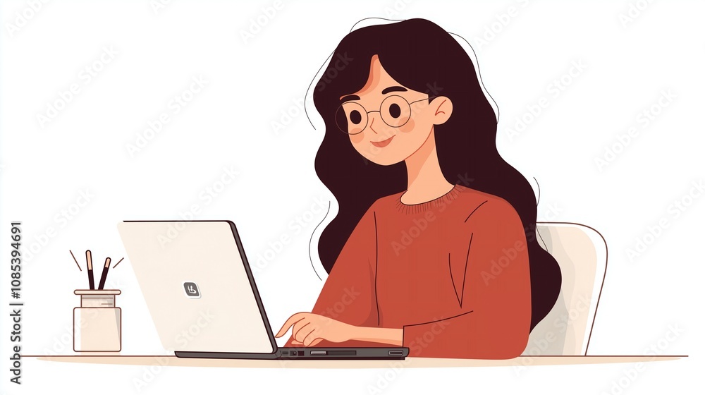 Young woman typing on a laptop, focusing on work or study from a cozy home setting. Young woman typing on a laptop, focusing on work or study from a cozy home setting.