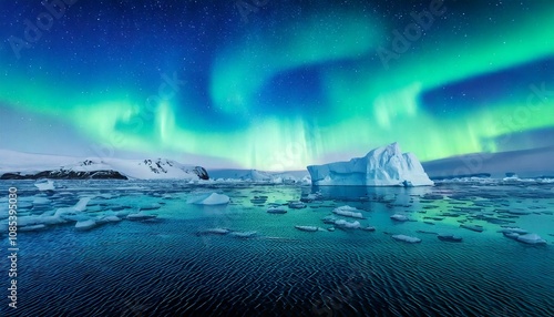 A frozen ocean in the polar regions, with massive icebergs floating silently in a sea. photo