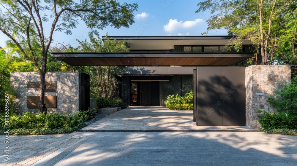 Modern Home with Stone Wall and Wooden Canopy Modern Home with Stone Wall and Wooden Canopy