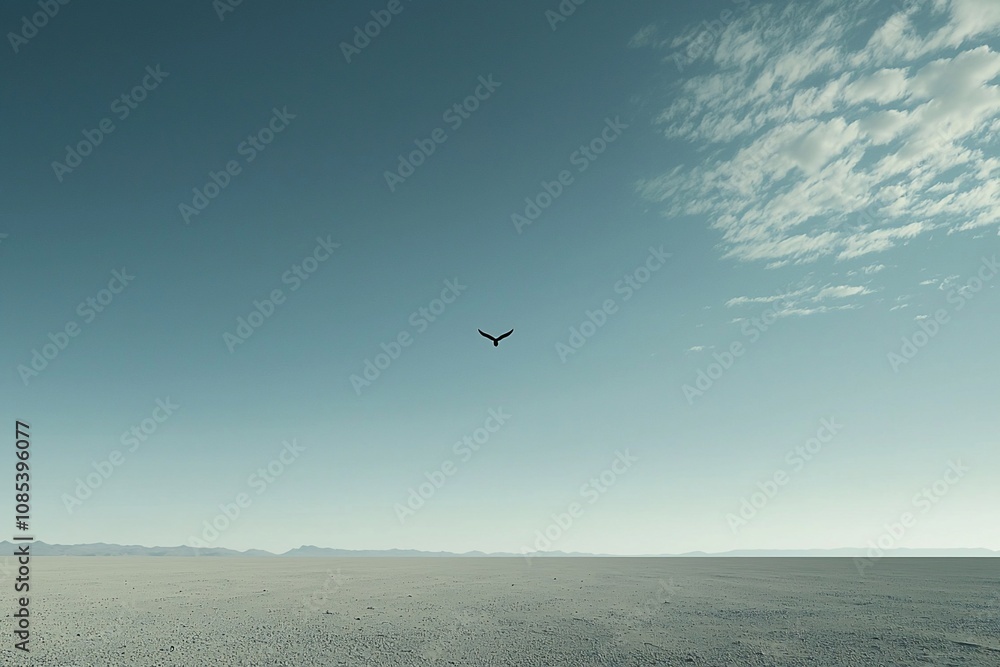 A Solitary Bird Soars Over a Vast Tranquil Landscape A Solitary Bird Soars Over a Vast Tranquil Landscape