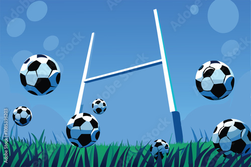 Create a vibrant vector graphic featuring a detailed soccer goalpost with a dynamic soccer ball in motion, emphasizing speed and action.  Include clean lines and bold colors.