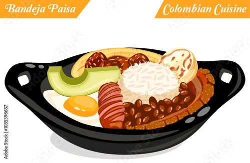 Bandeja Paisa in Black Pot with Rice, Beans, Sausage, Fried Egg, Avocado Slice, chicharrón (fried pork rind), Arepas, Fried Plantain and Chorizo