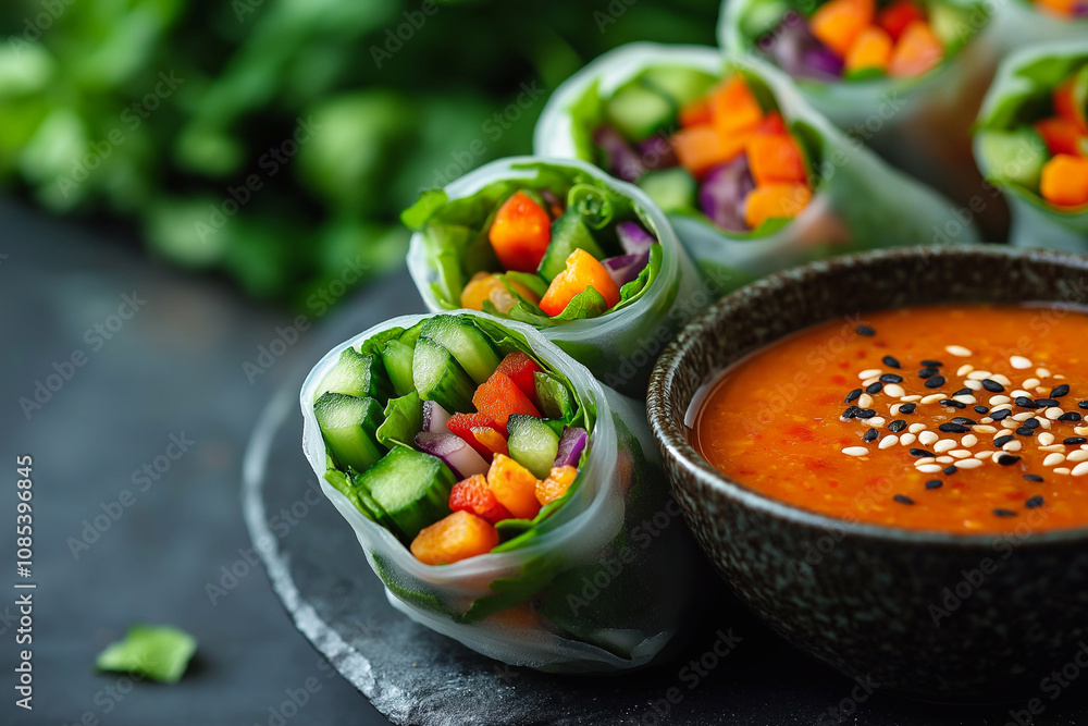 Thai spring roll with spicy sauce close-up Thai spring roll with spicy sauce close-up