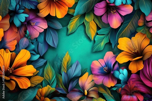 A vibrant floral arrangement with colorful flowers and leaves on a teal background.