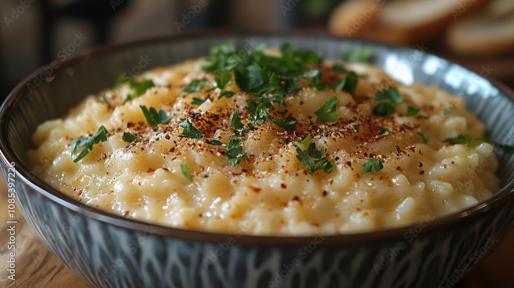 Creamy Risotto Delight: A close-up shot of a creamy risotto dish, garnished with fresh parsley and a sprinkle of red pepper flakes, served in a rustic bowl. Creamy Risotto Delight: A close-up shot of a creamy risotto dish, garnished with fresh parsley and a sprinkle of red pepper flakes, served in a rustic bowl.