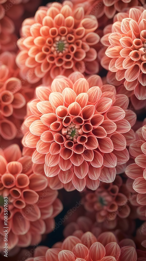 Vivid Close-up of Coral Dahlias with Intricate Petal Details Vivid Close-up of Coral Dahlias with Intricate Petal Details