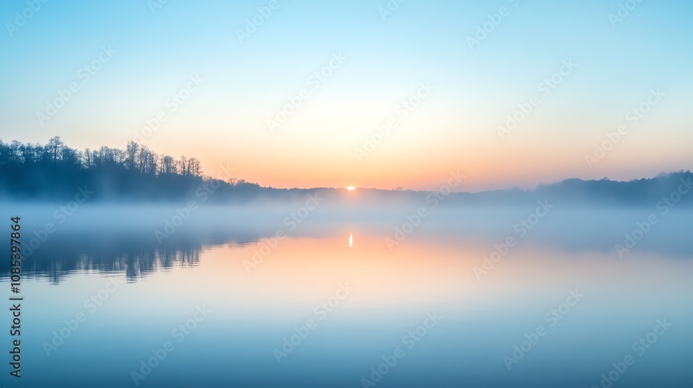 Fototapeta premium A tranquil lake with mist rolling in over the water and trees.